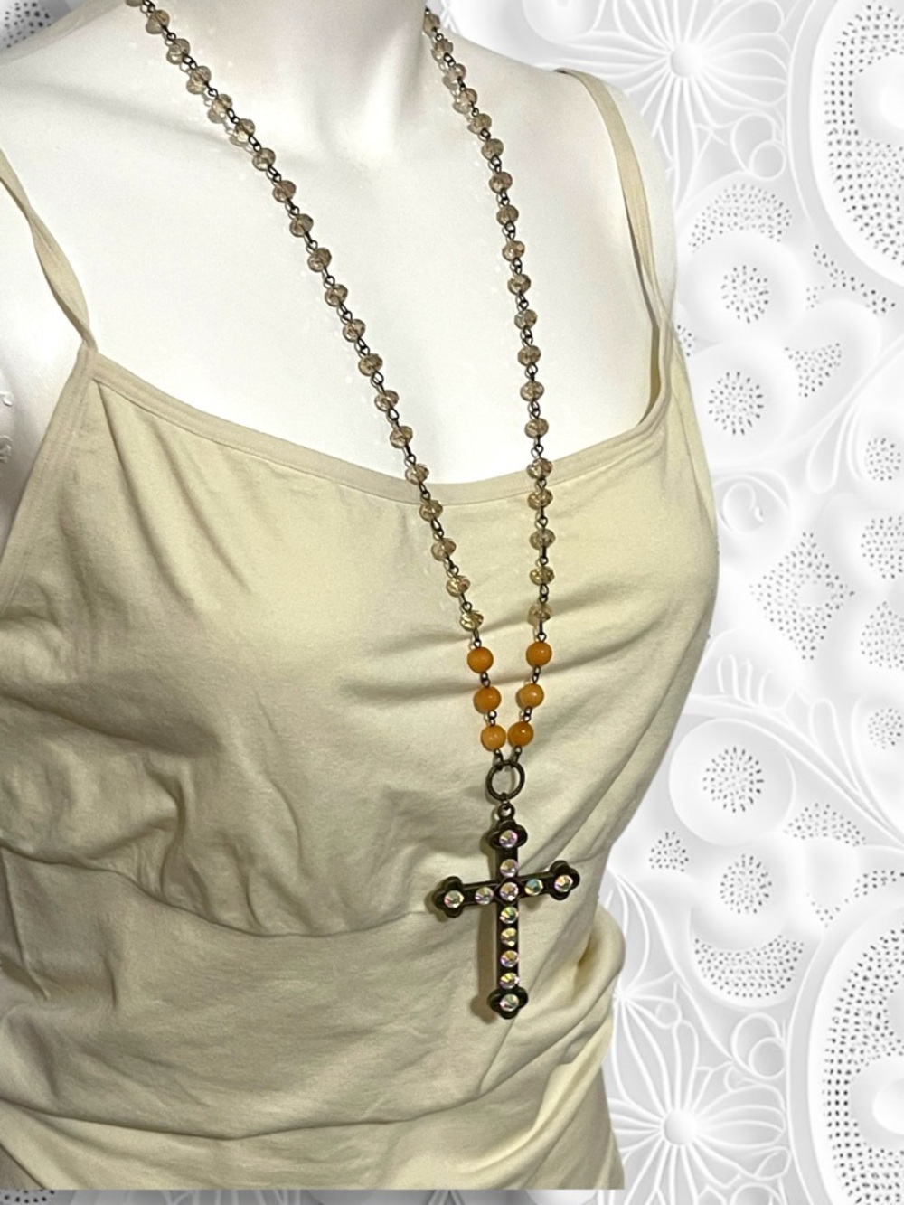Carol Su Handmade 30" Iridescent Beaded Cross Necklace - Picture 8 of 12